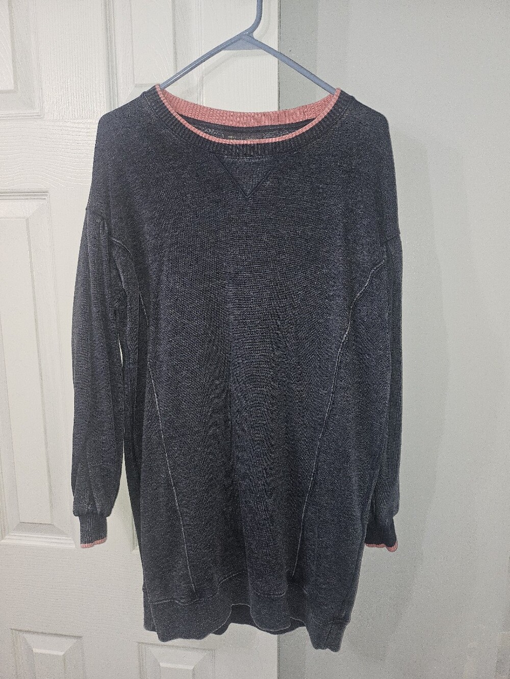 Anthropologie Saturday Sunday  Oversized Blue Crewneck Sweater with Pink Trim